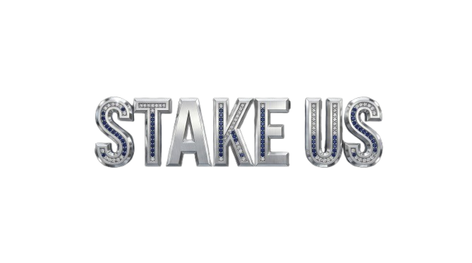 Premium metallic "STAKE US" text logo with diamond encrustation on a transparent background